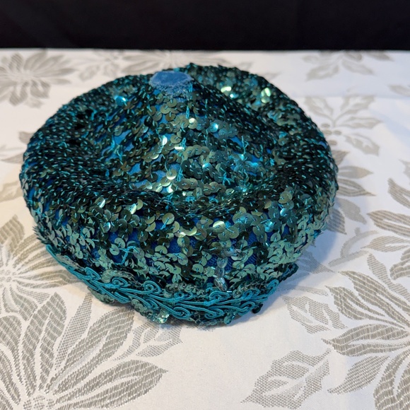 Vintage Teal Sequin Evening Pillbox Cocktail Hat main image 4
